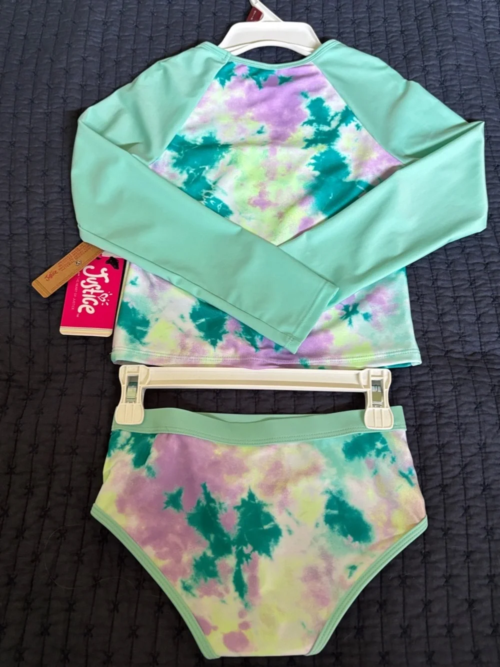 Justice Girls' Mint, Purple & Teal Tie-Dye Long Sleeve Rash Guard Set S (7-8)